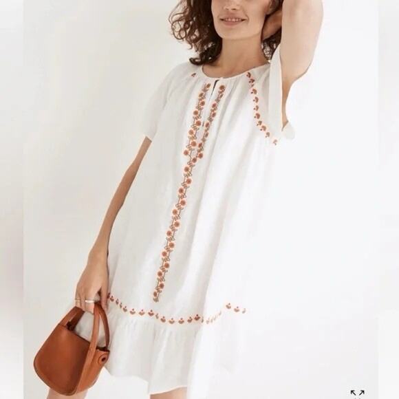 MADEWELL White Linen Embroidered Floral Shift Dress Size Medium Short Sleeve - Picture 1 of 6
